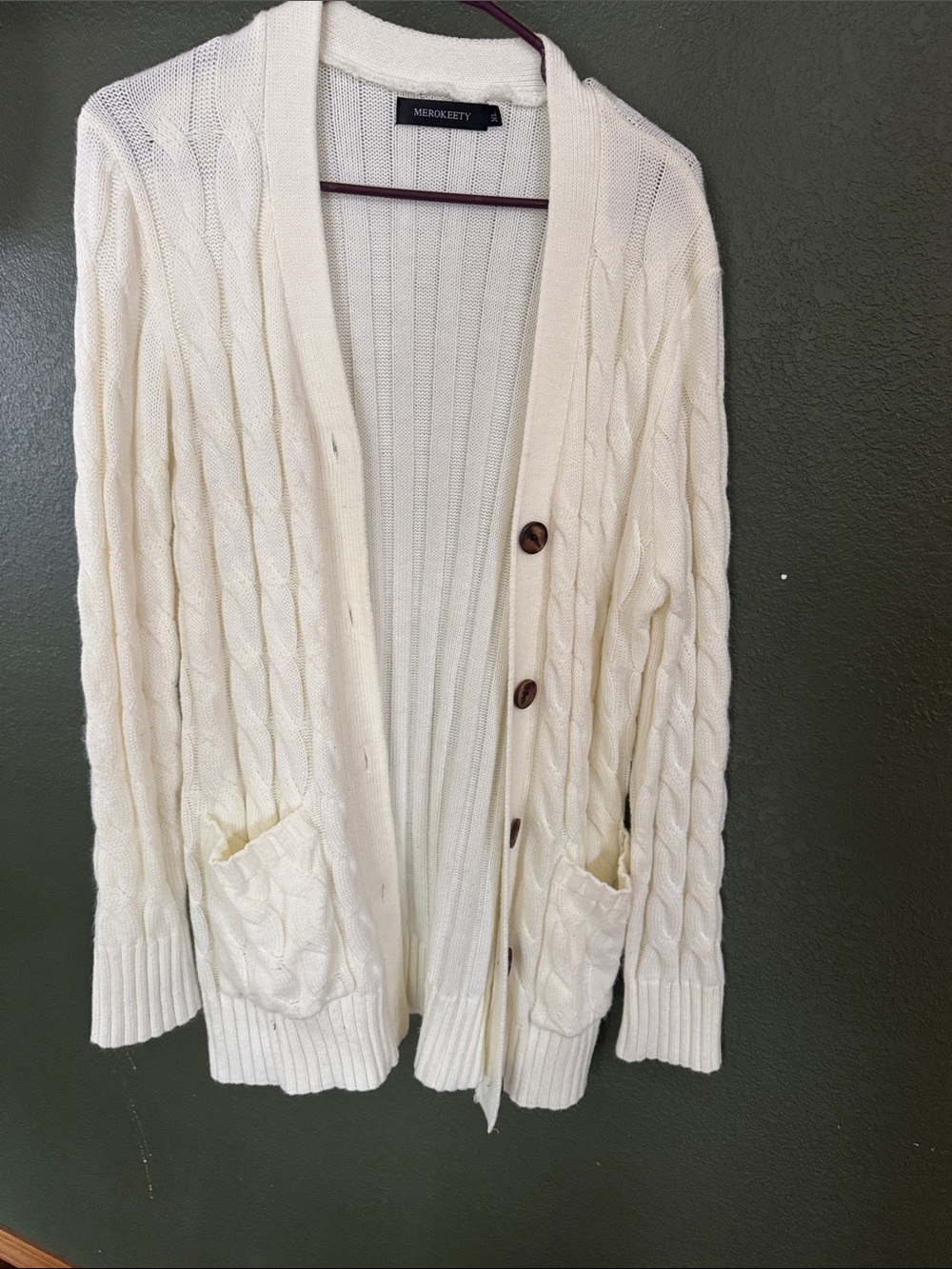 Merokeety Cream Cable-Knit Button Front Cardigan
